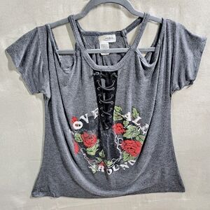 Urban Rebel Y2K Women Large Rocker Roses Open Shoulder Halter Festival Tshirt